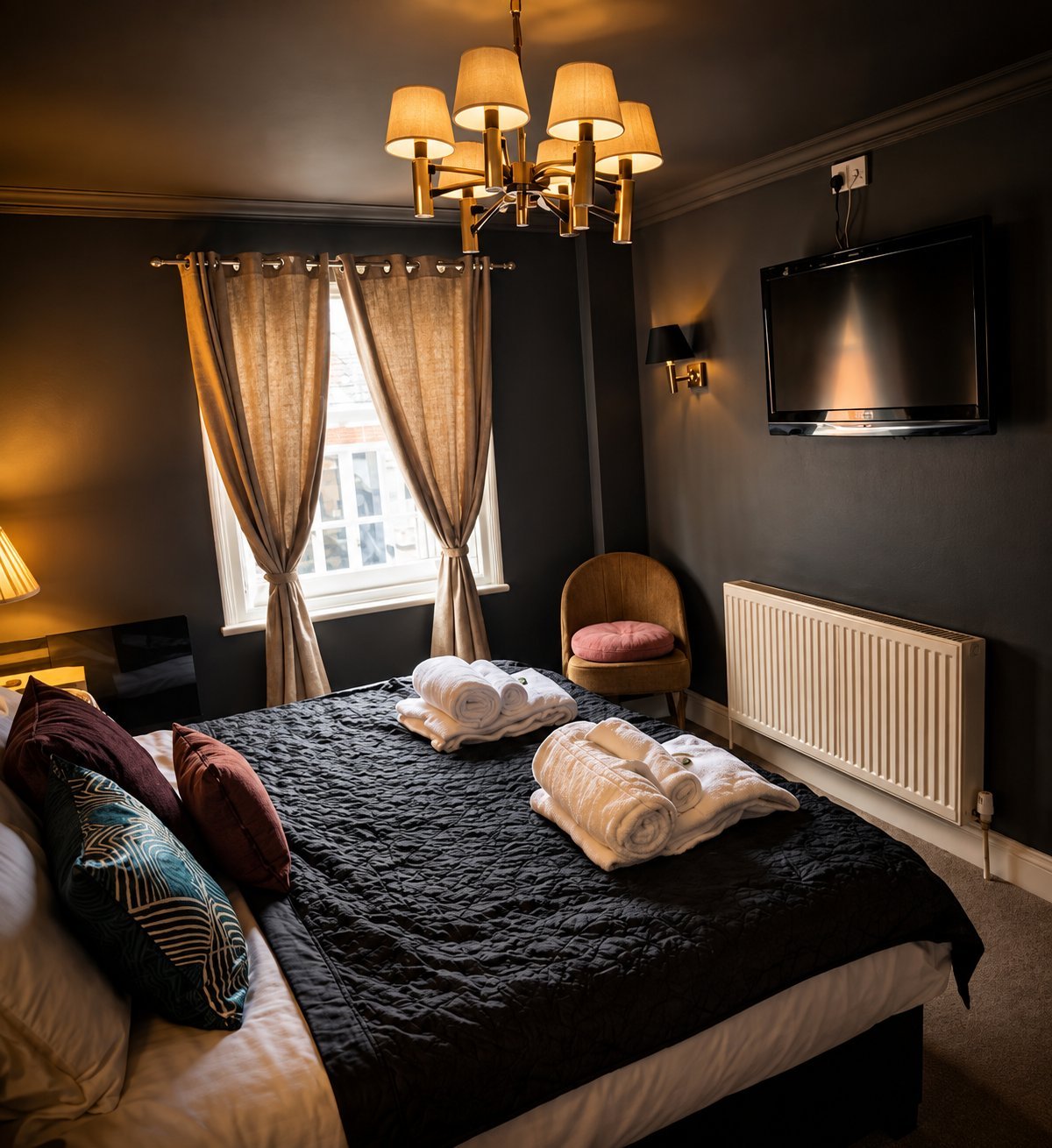 A luxury bedroom with dark walls, a bed topped with white towels and patterned pillows, brass chandelier, window with curtains, and a wall-mounted TV.