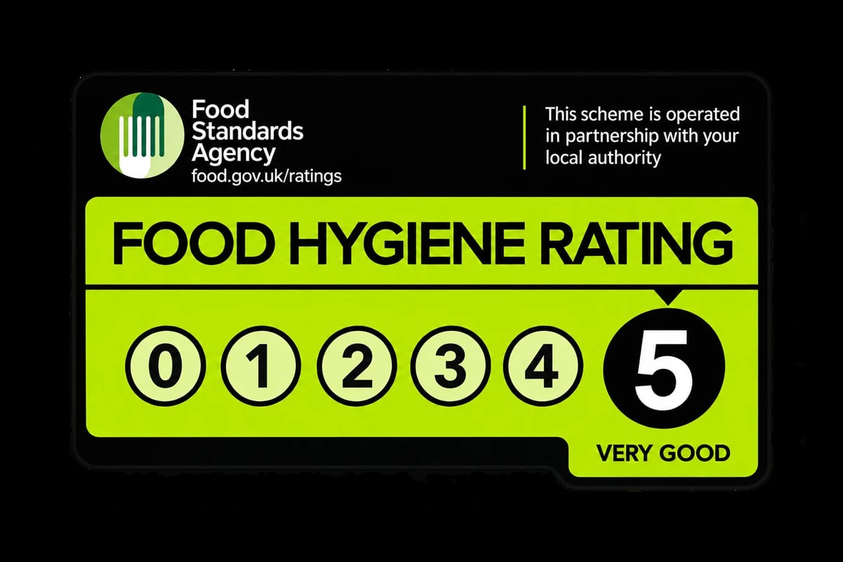 Food Standards Agency food hygiene rating sticker showing a rating of 5, labeled Very Good, with a scale from 0 to 5