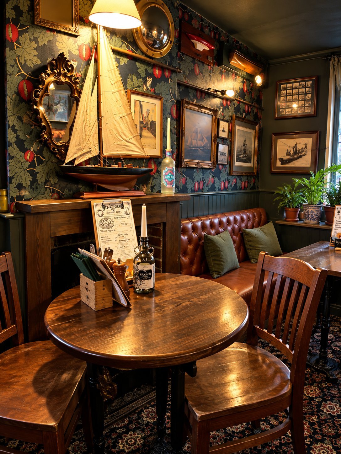 Vintage-themed restaurant interior with round wooden table, leather booth, nautical decor, and framed artwork on dark walls