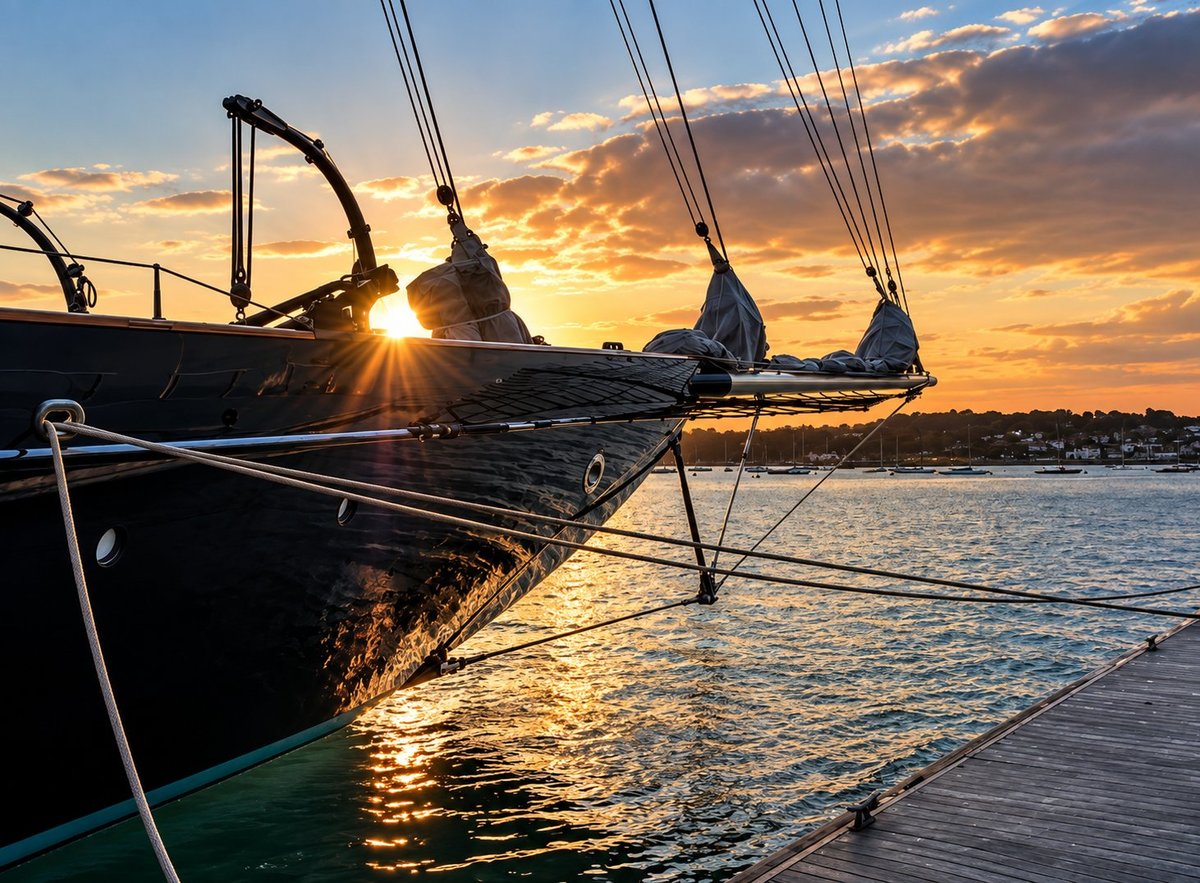 Sailboat docked at sunset with orange sky reflecting on calm water and wooden pier in foreground