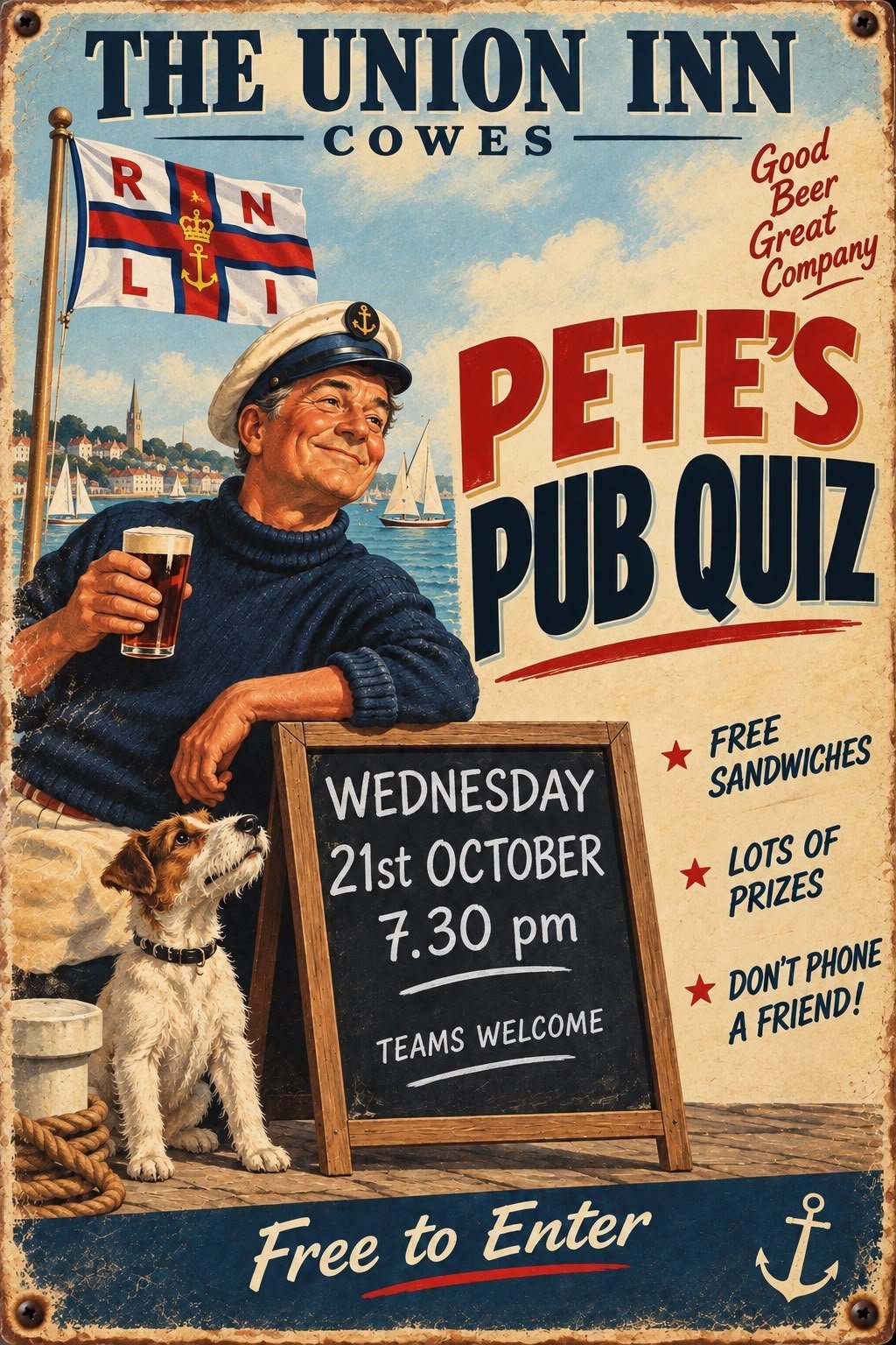 Vintage poster for Petes Pub Quiz at The Union Inn in Cowes, featuring a sailor with a beer and dog, scheduled for Wednesday 21st October at 7:30pm