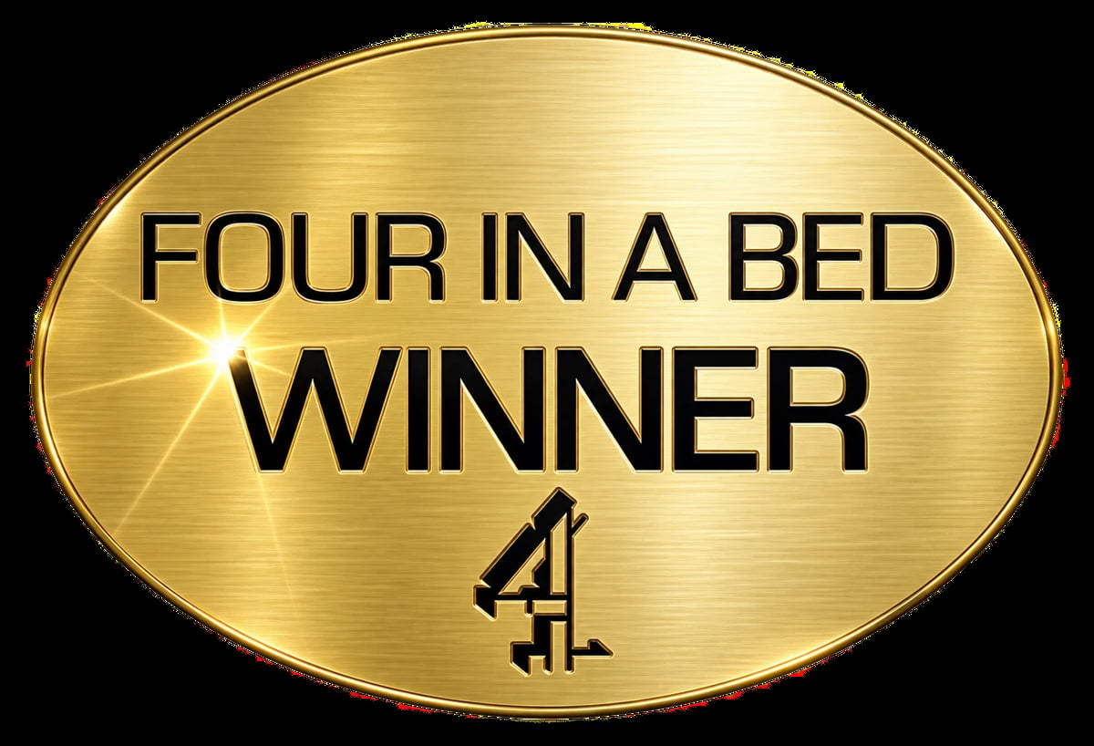 Gold oval badge with Four in a Bed Winner text and Channel 4 logo