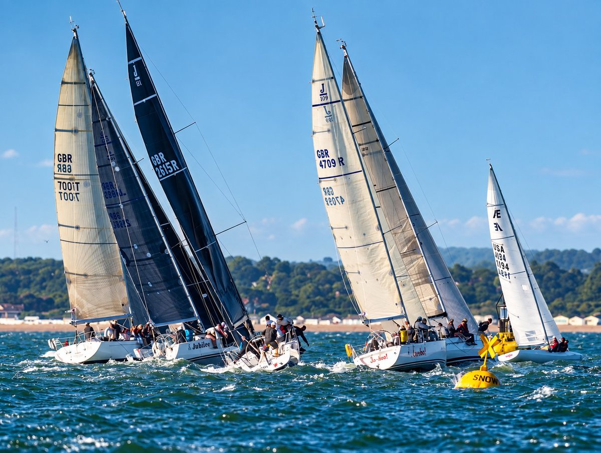 Group of sailboats racing on blue ocean water with white sails billowing in the wind under clear sky