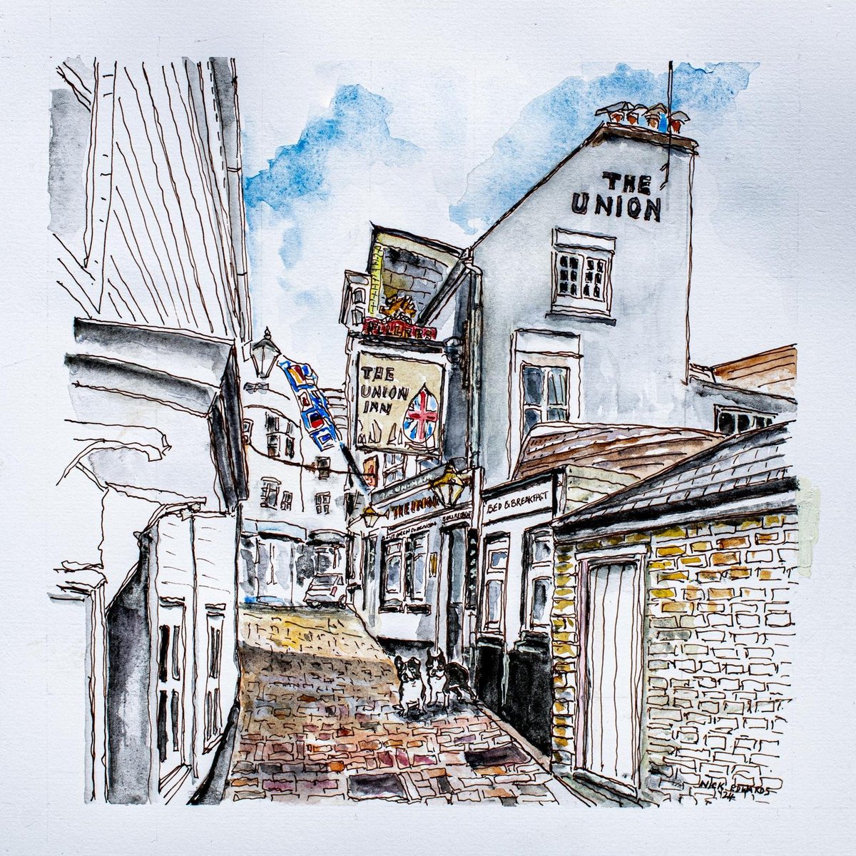Watercolour illustration by Nick Dodd showing the cobblestone street leading down to The Union Inn, with its painted sign and a dog sitting in the foreground