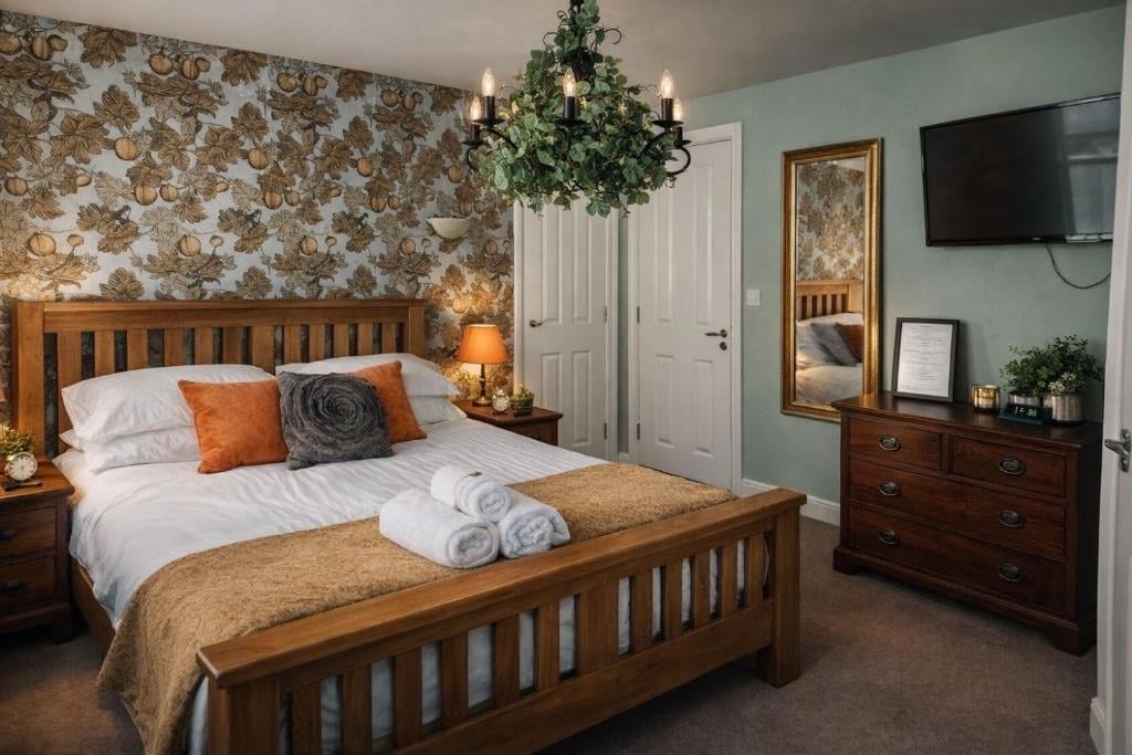 An elegant Union Inn bedroom with a wooden bed, floral wallpaper, candles and a gold mirror